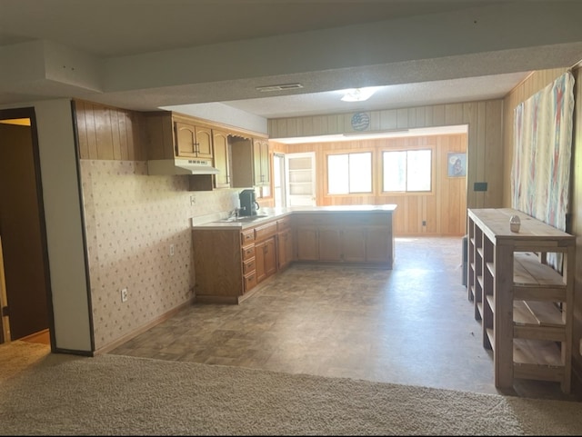 kitchen with wood walls