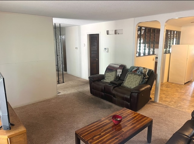 living room with a textured ceiling and light carpet