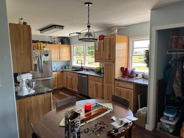 24240 State Highway T, Excello, MO 65247 - kitchen with appliances with stainless steel finishes, dark countertops, dark wood finished floors, and decorative light fixtures
