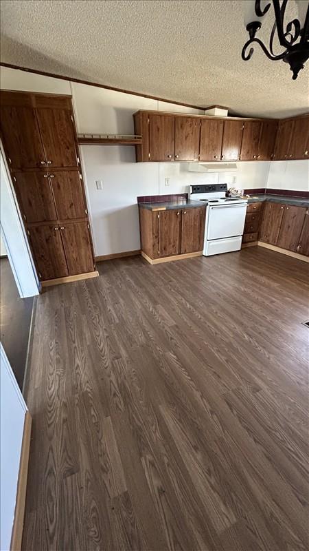 kitchen with vaulted ceiling, electric stove, dark wood-type flooring, and a textured ceiling