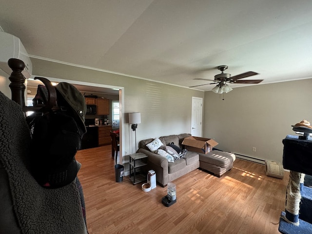 1301 S Ann St, Kirksville, MO 63501 - living room with a baseboard heating unit, light wood-type flooring, ceiling fan, and crown molding
