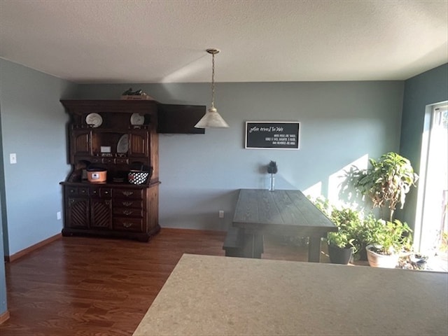 dining room featuring a textured ceiling and dark hardwood / wood-style floors