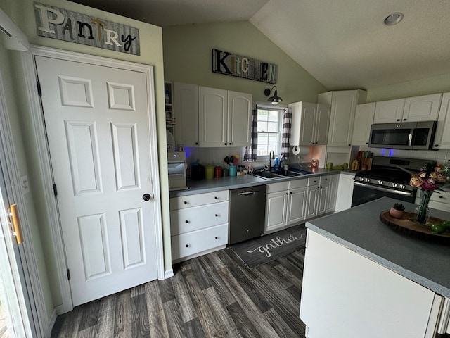 1203 E Randolph St, Kirksville, MO 63501 - kitchen with appliances with stainless steel finishes, white cabinetry, dark wood-style floors, and lofted ceiling