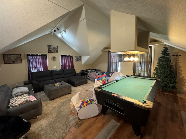 1203 E Randolph St, Kirksville, MO 63501 - game room with vaulted ceiling, wood finished floors, a textured ceiling, billiards table, and rail lighting