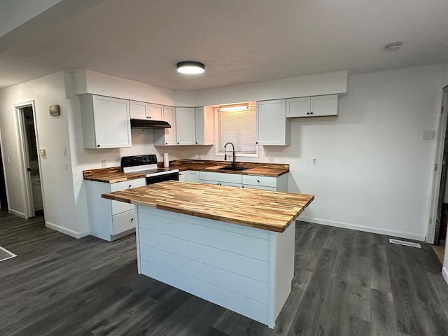 kitchen featuring wooden counters, white cabinets, and white range with electric cooktop