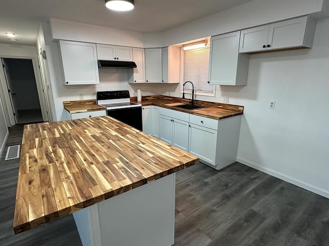 kitchen with wooden counters, white range with electric cooktop, sink, dark hardwood / wood-style floors, and white cabinetry