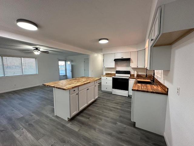 kitchen featuring ceiling fan, sink, wood counters, white range with electric cooktop, and white cabinets