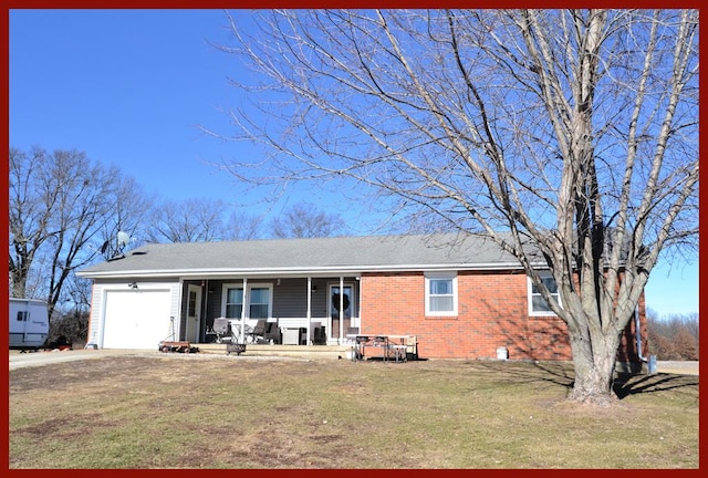 single story home with a garage, covered porch, and a front lawn