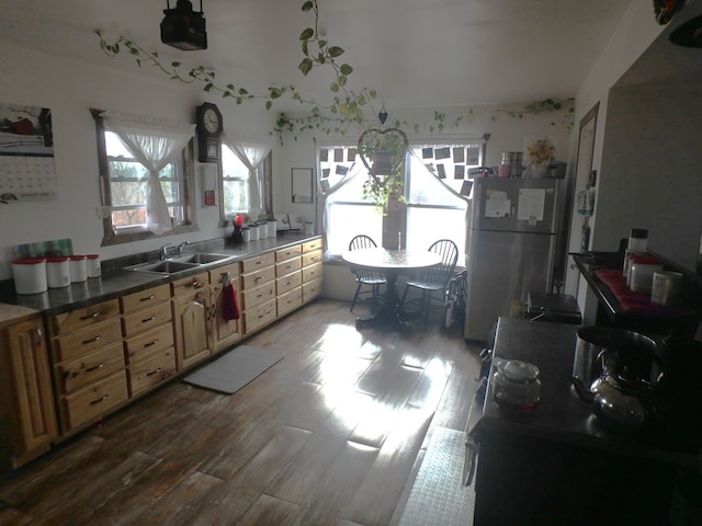 kitchen featuring hardwood / wood-style flooring, sink, and refrigerator