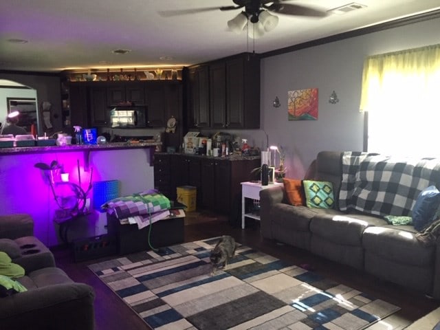 living room with ceiling fan and ornamental molding