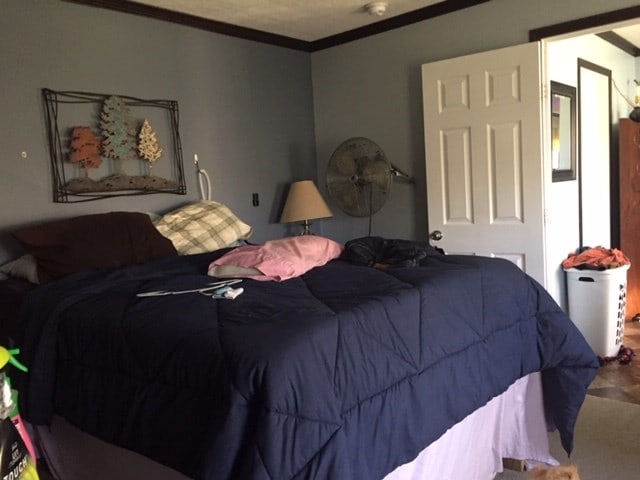 bedroom featuring carpet and crown molding