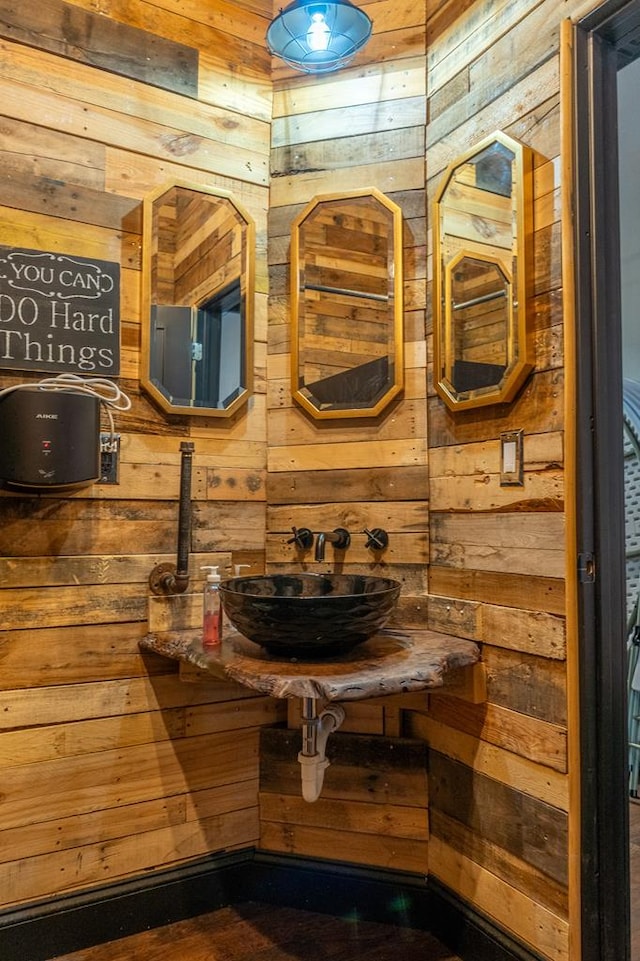 bathroom with wooden walls and sink