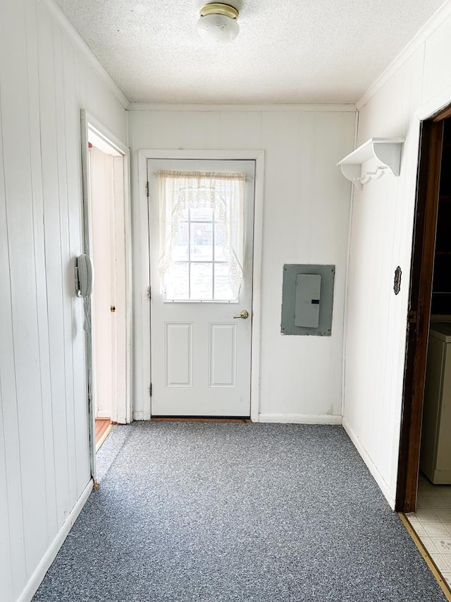 entryway featuring electric panel and wood walls