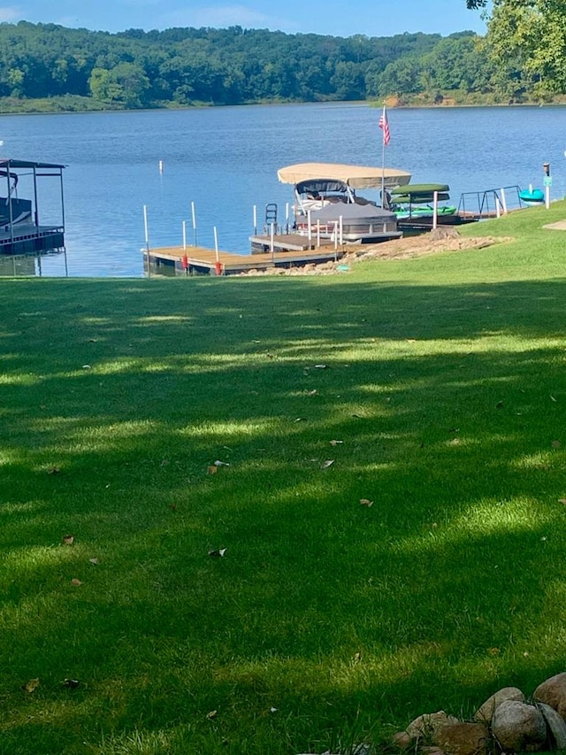 dock area featuring a lawn, a water view, and a view of trees