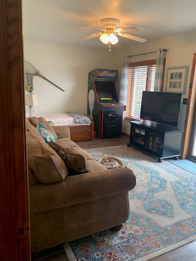 living room featuring crown molding and a ceiling fan