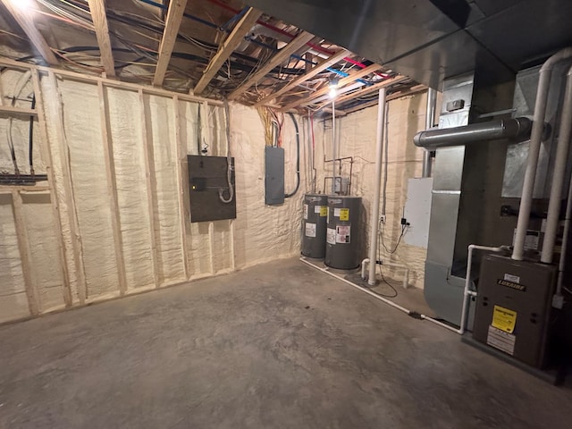 22585 State Highway K, Novinger, MO 63559 - unfinished basement featuring electric panel, water heater, and heating unit