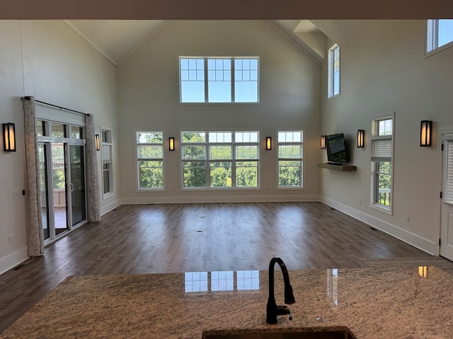 22585 State Highway K, Novinger, MO 63559 - unfurnished living room with high vaulted ceiling, healthy amount of natural light, and dark wood-style flooring