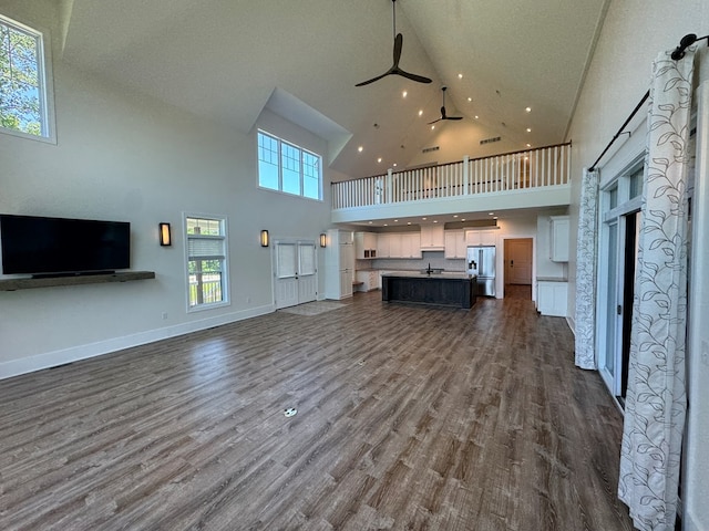 22585 State Highway K, Novinger, MO 63559 - living area featuring high vaulted ceiling, a ceiling fan, and dark wood-style floors