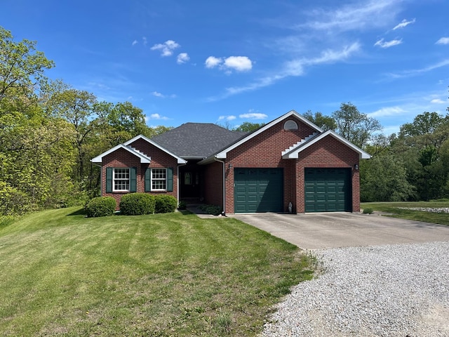 ranch-style house featuring driveway, brick siding, an attached garage, and a front yard