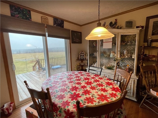 dining area featuring a textured ceiling, ornamental molding, wood finished floors, and a rural view