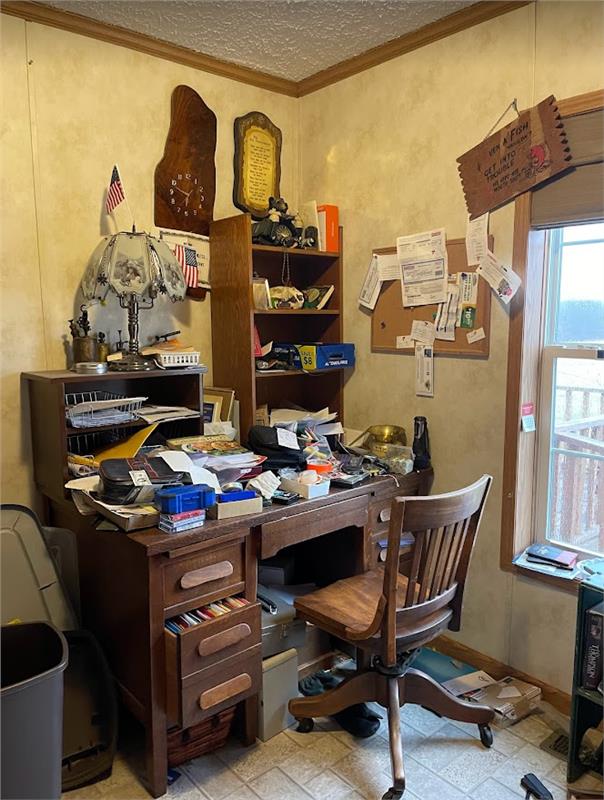 office space featuring crown molding, a textured ceiling, and baseboards