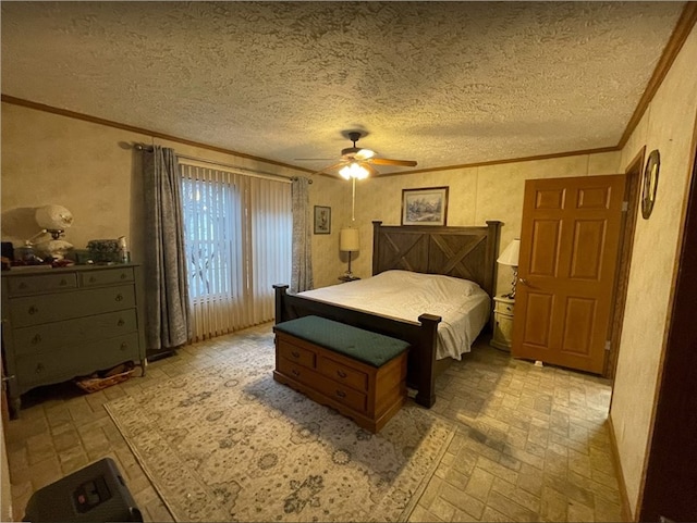 bedroom featuring ornamental molding, a textured ceiling, brick patterned floor, and a ceiling fan