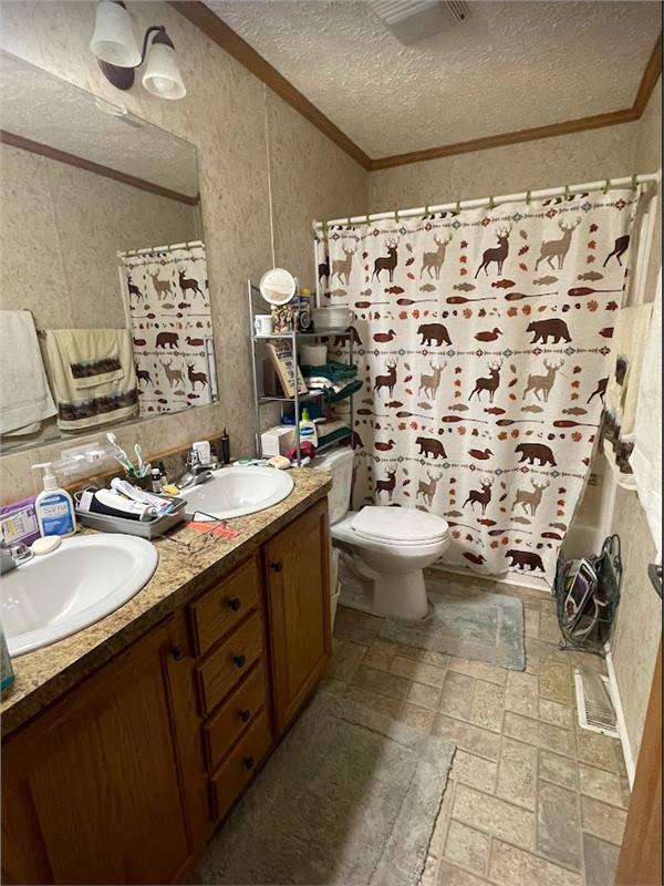 bathroom featuring double vanity, crown molding, a textured ceiling, and a sink