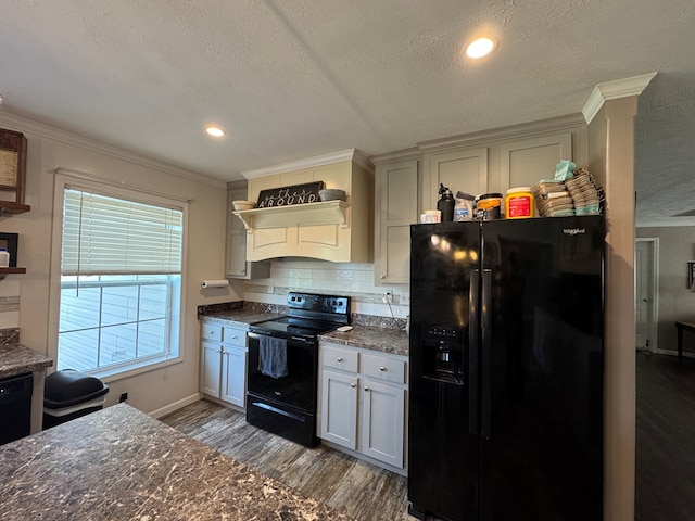 210 N Grant St, Green City, MO 63545 - kitchen featuring black appliances, open shelves, dark wood-style flooring, backsplash, and a textured ceiling