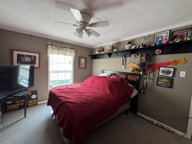 210 N Grant St, Green City, MO 63545 - carpeted bedroom featuring ornamental molding, a textured ceiling, a ceiling fan, and baseboards