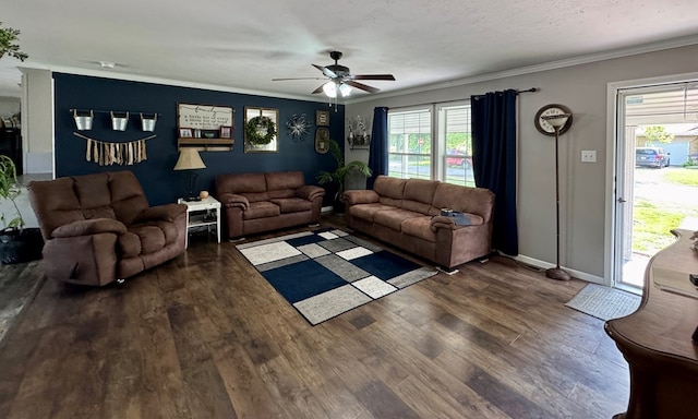 210 N Grant St, Green City, MO 63545 - living room with wood finished floors, ceiling fan, crown molding, and baseboards