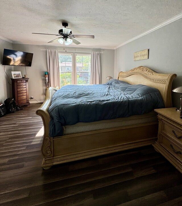 210 N Grant St, Green City, MO 63545 - bedroom with a textured ceiling, dark wood-style flooring, ornamental molding, and ceiling fan