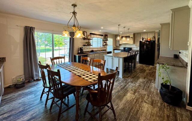 210 N Grant St, Green City, MO 63545 - dining space featuring dark wood-style floors, crown molding, recessed lighting, and a textured ceiling