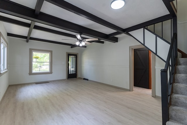 516 Barrow St, Moberly, MO 65270 - unfurnished living room featuring light wood-style flooring, stairway, beam ceiling, wainscoting, and ceiling fan