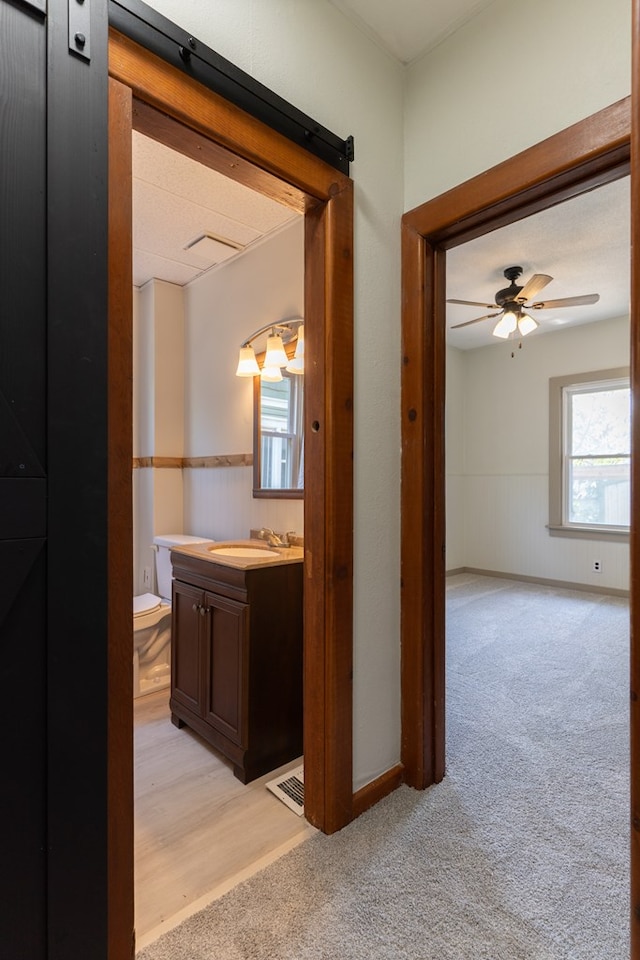 516 Barrow St, Moberly, MO 65270 - hall with a sink, light carpet, and wainscoting