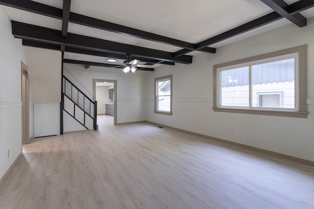 516 Barrow St, Moberly, MO 65270 - unfurnished living room featuring light wood-style floors, stairs, beam ceiling, a ceiling fan, and baseboards