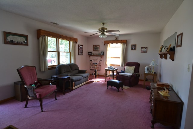 living room featuring ceiling fan, plenty of natural light, carpet, and a textured ceiling