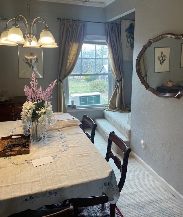 411 W W, Callao, MO 63534 - carpeted dining space with baseboards, a textured wall, and ornamental molding