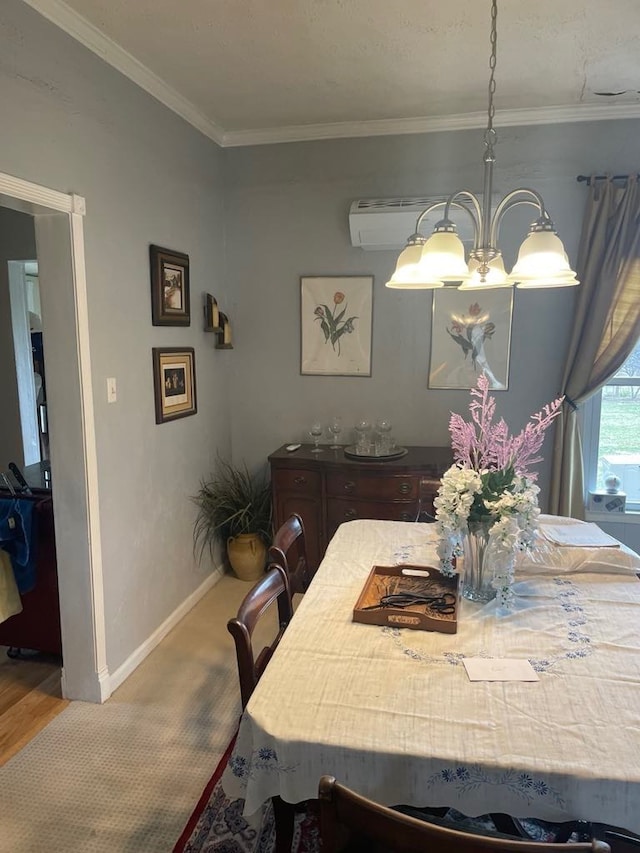 411 W W, Callao, MO 63534 - dining room with a chandelier, baseboards, a wall mounted AC, crown molding, and wood finished floors