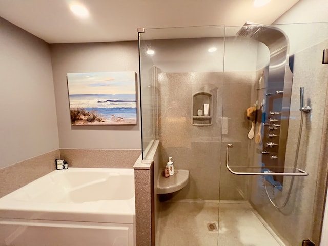 bathroom with plus walk in shower and tile patterned flooring