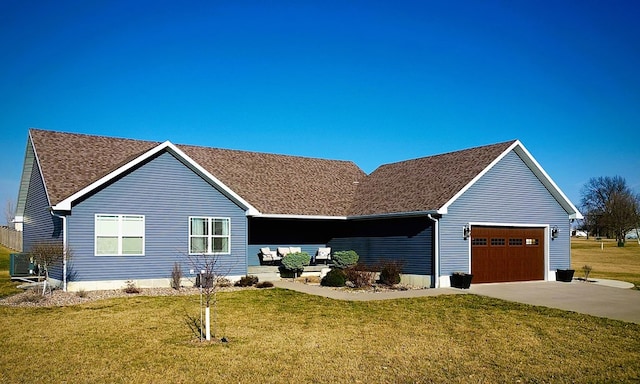 ranch-style house featuring a garage, cooling unit, and a front lawn