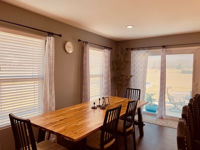 dining space with a healthy amount of sunlight and dark hardwood / wood-style flooring