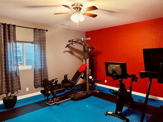 workout room featuring ceiling fan