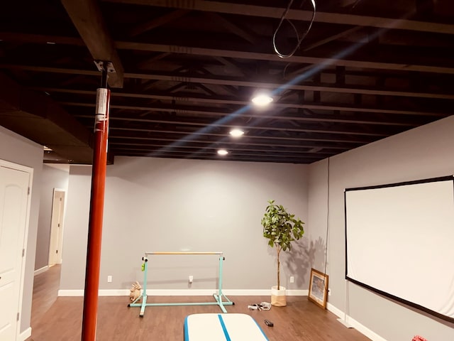 home theater featuring wood-type flooring