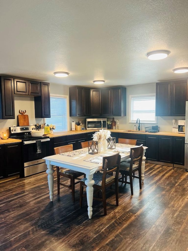 kitchen with a textured ceiling, stainless steel appliances, dark wood-type flooring, and sink