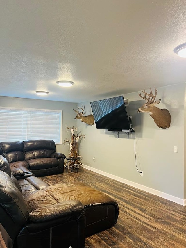 living room with dark wood-type flooring and a textured ceiling