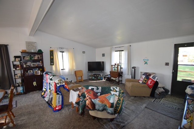 living room featuring carpet flooring and lofted ceiling with beams