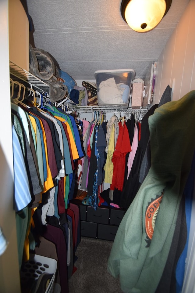 spacious closet featuring dark colored carpet