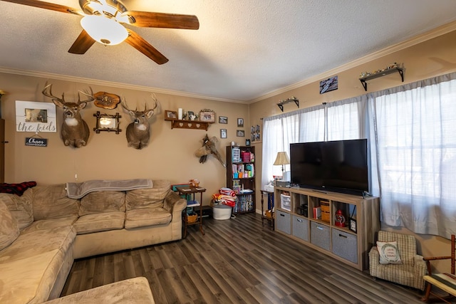 living room featuring ceiling fan, crown molding, dark hardwood / wood-style floors, and a textured ceiling