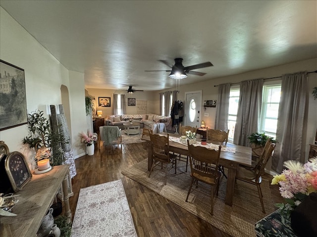 411 S Macon St, Bevier, MO 63532 - dining space with healthy amount of natural light, arched walkways, wood finished floors, and ceiling fan