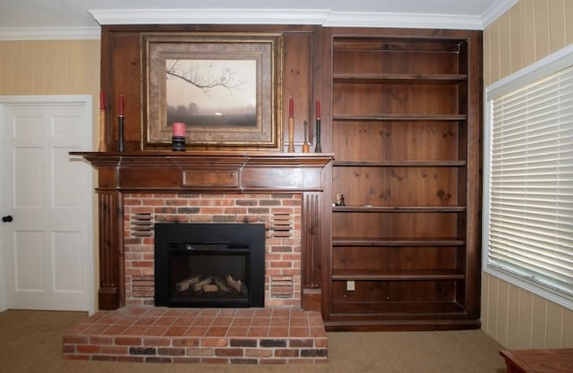 2110 Woodcrest Dr, Chillicothe, MO 64601 - detailed view of a fireplace, crown molding, wooden walls, and carpet floors